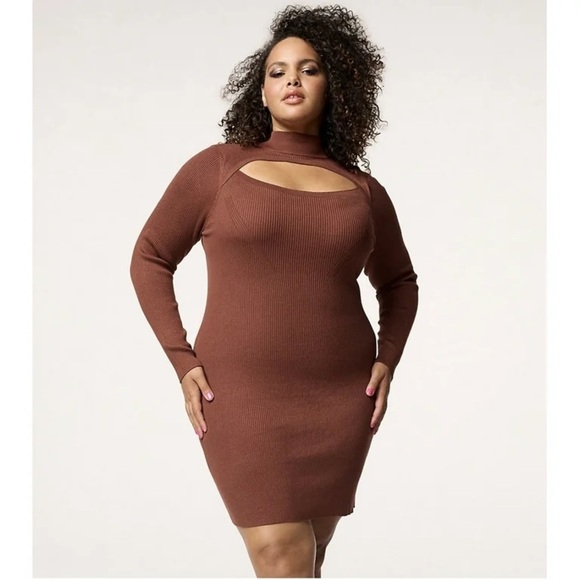 INTEMPO Plus Size Mockneck Cutout Sweater Dress Cinnamon 1X - Picture 1 of 5